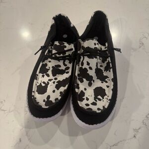 Faux Hey Dude Black and White Cow Print Shoes